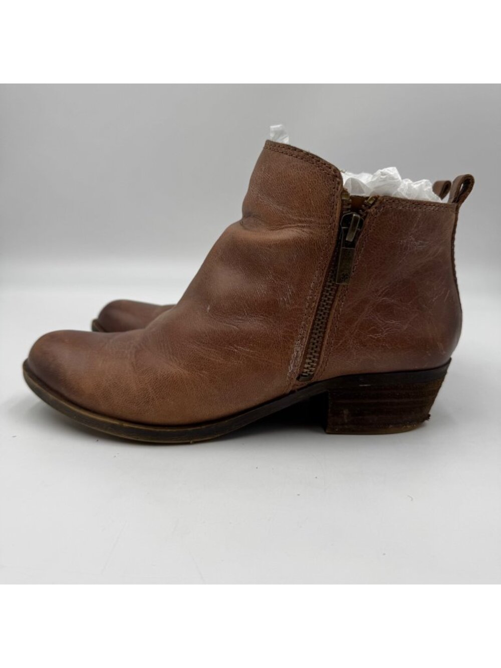Womens Lucky Brand Leather Side Zip Ankle Boots In Cognac Brown